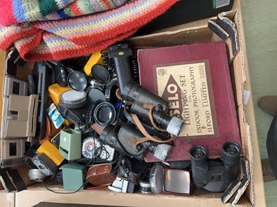 Lot 403 - Tray of various binoculars, camera accessories,...