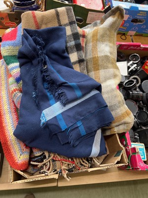 Lot 404 - Tray of various blankets, cushion etc.