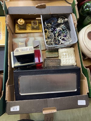 Lot 413 - Tray of various costume jewellery, desk set,...