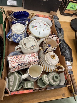Lot 444 - A tray of various teapots, tureens, Jasperware,...