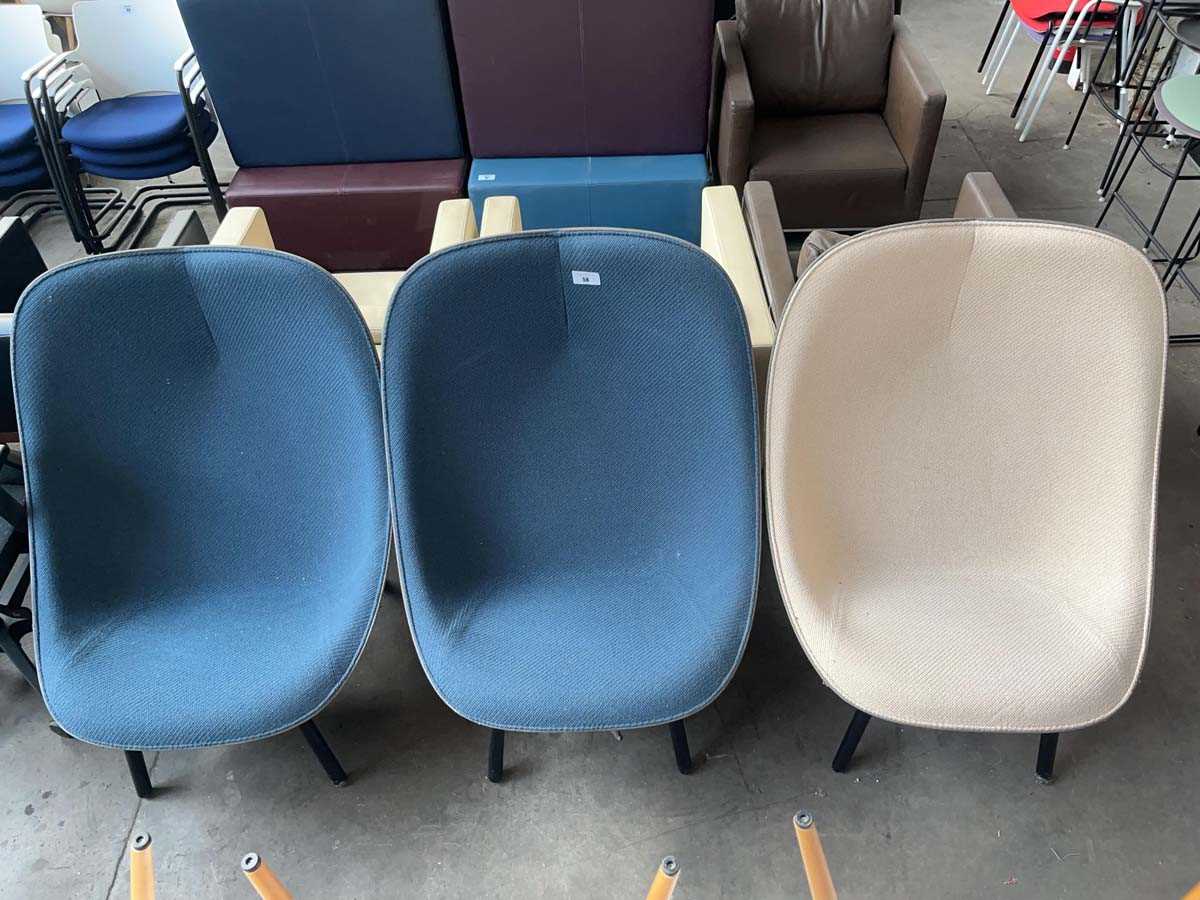 Lot 58 - 3x Large lounge type chairs, 2x in blue cloth,...