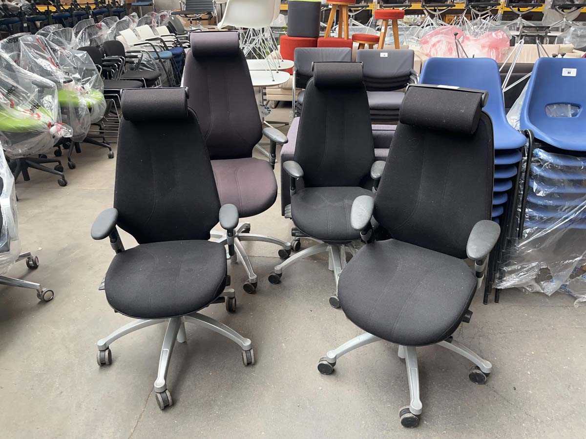 Lot 85 - 4 RH black upholstered office chairs with arms