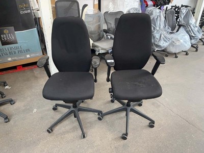 Lot 300 - 2 black cloth high backed office chairs with arms