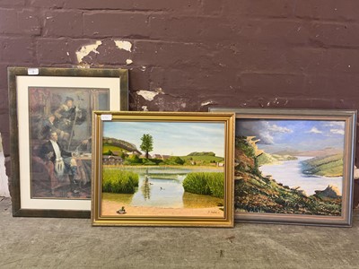 Lot 7 - A print of an interior scene and two oil on...