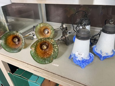 Lot 307 - Metal and blue and white glass 3 branch...