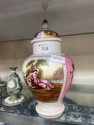 Lot 318 - A pink and gilt decorated lidded urn with...