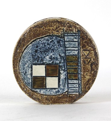 Lot 144 - A Troika Pottery circular slab vase typically...
