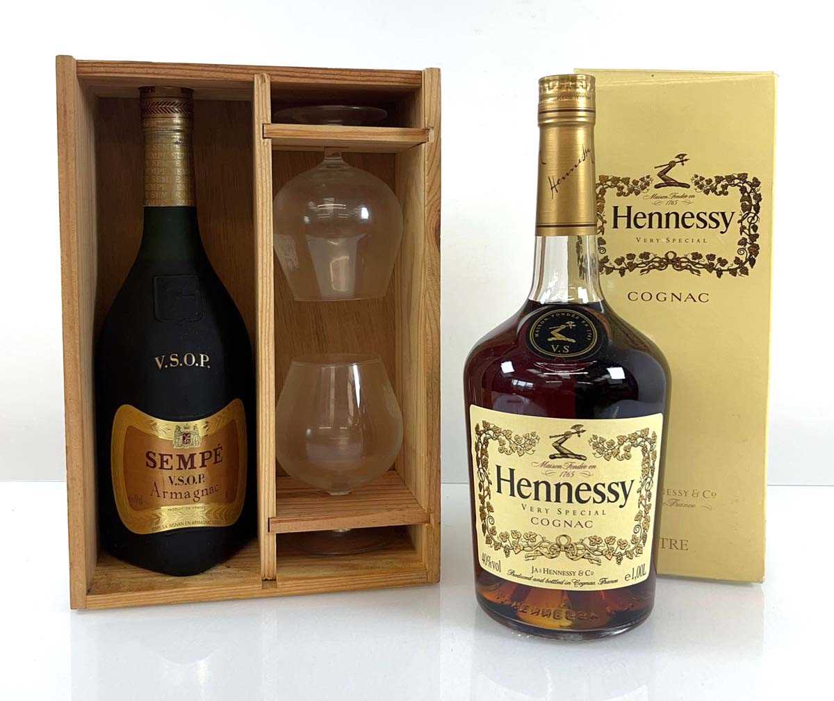 Lot 20 - 2 bottles, 1x Sempe VSOP Armagnac gift set in...