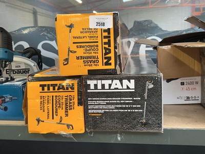 Lot 2518 - 3x Titan 18V cordless grass strimmers