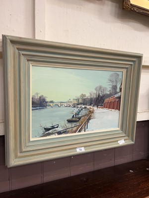 Lot 58 - A framed oil on canvas of a winter river scene...