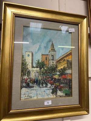 Lot 70 - A gilt framed and glazed oil canvas of street...