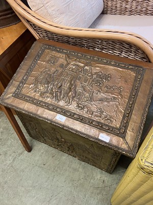Lot 141 - An embossed brown coal box with town scene...