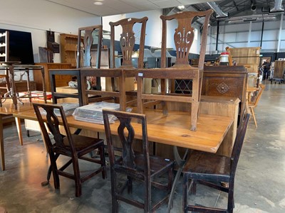 Lot 1023 - Pine dining table on wrought iron X-shaped...