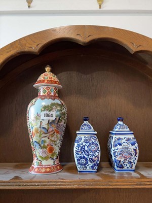 Lot 1064 - Single Oriental lidded vase and 2 blue and...