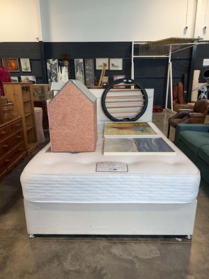 Lot 1172 - Double bed base, cushioned headboard with a...