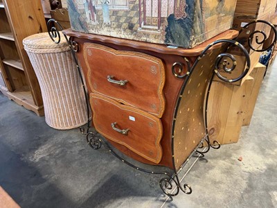 Lot 1173 - Wooden 2 drawer chest on a swirly wrought...