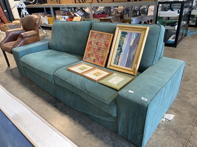 Lot 1182 - Teal corduroy fabric upholstered sofa