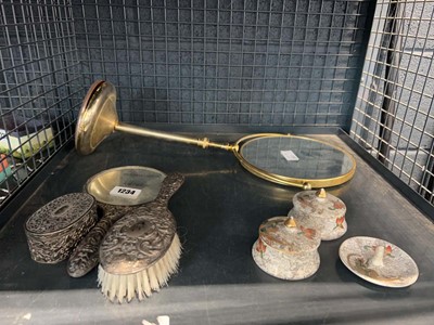 Lot 1234 - Freestanding brass mirror, a silver handled...