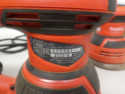 Lot Two Makita M9204 125mm 240v orbital sanders...
