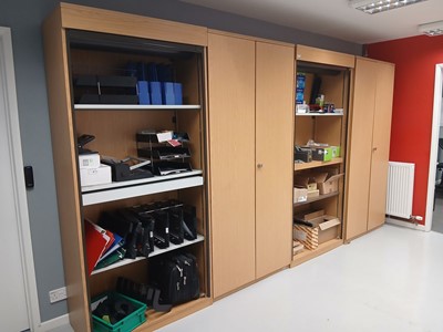Lot 279 - 2 light oak tambour fronted storage cabinets,...