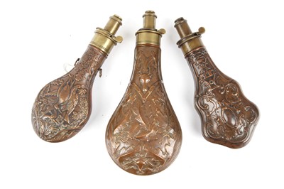 Lot 13 - A large Sykes copper and brass powder flask...