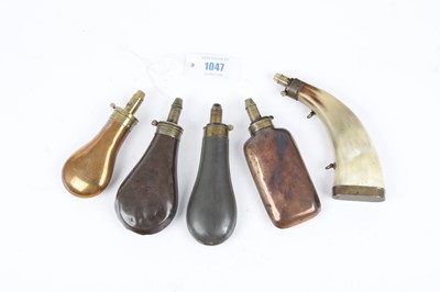 Lot 1047 - Five various powder flasks inc. one stamped...